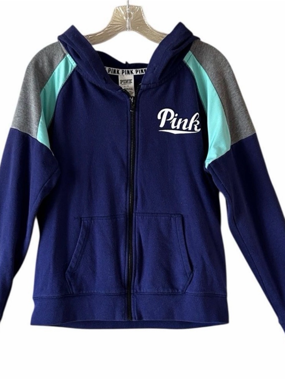 PINK Victoria's Secret Navy Zip-Up Hoodie with Mint & Gray Accents - Picture 2 of 4